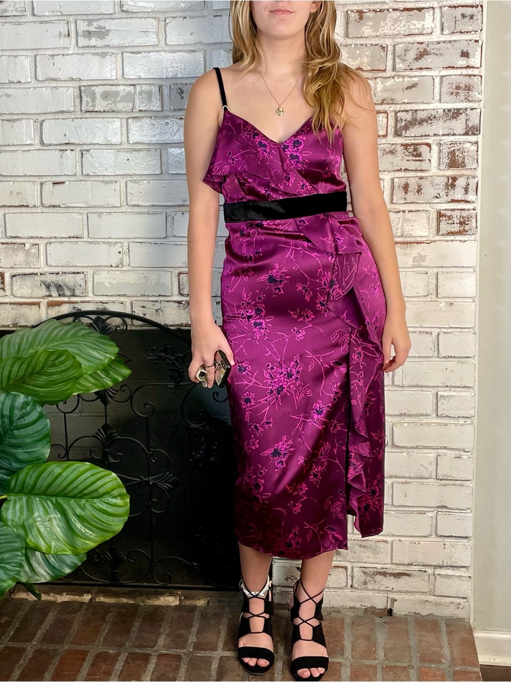 Cinq a Sept Lara Raspberry Multi Floral Silk Ruffle Purple V-neck Midi Dress